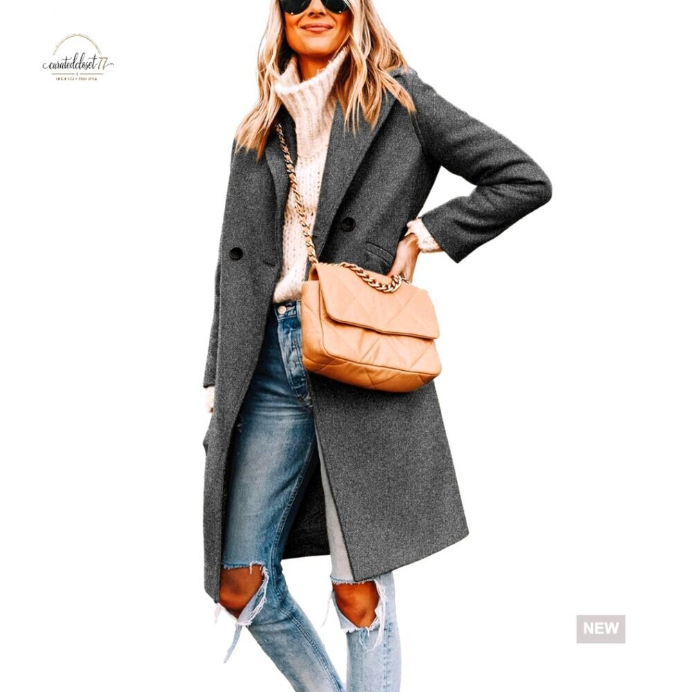 Wool Blend Peacoat Classic Notch Lapel Single Breasted Trench Coat Mid-Long